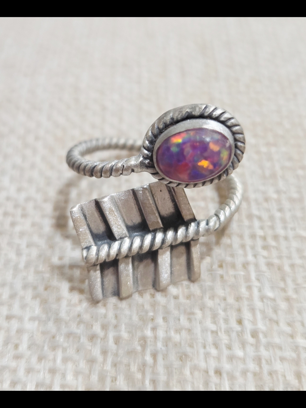 Silver Twist Band Ring with Purple Aurora Opal Cabochon